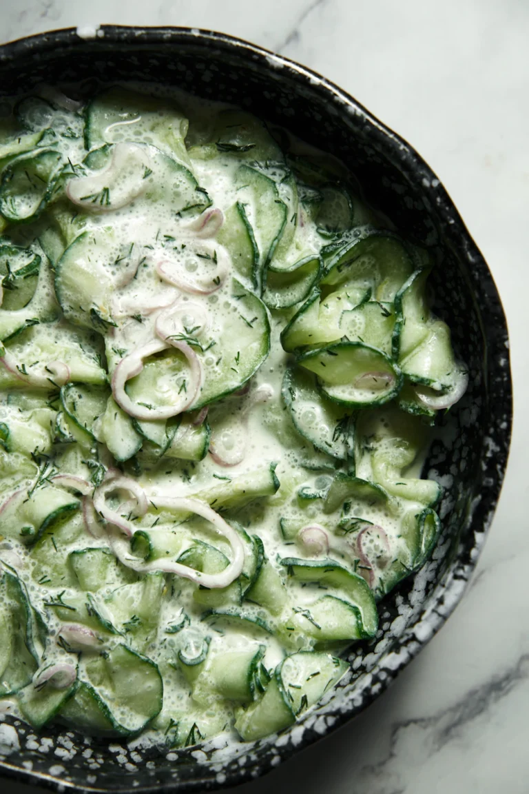 Easy cucumber salad with red onion and dill in a vinegar dressing