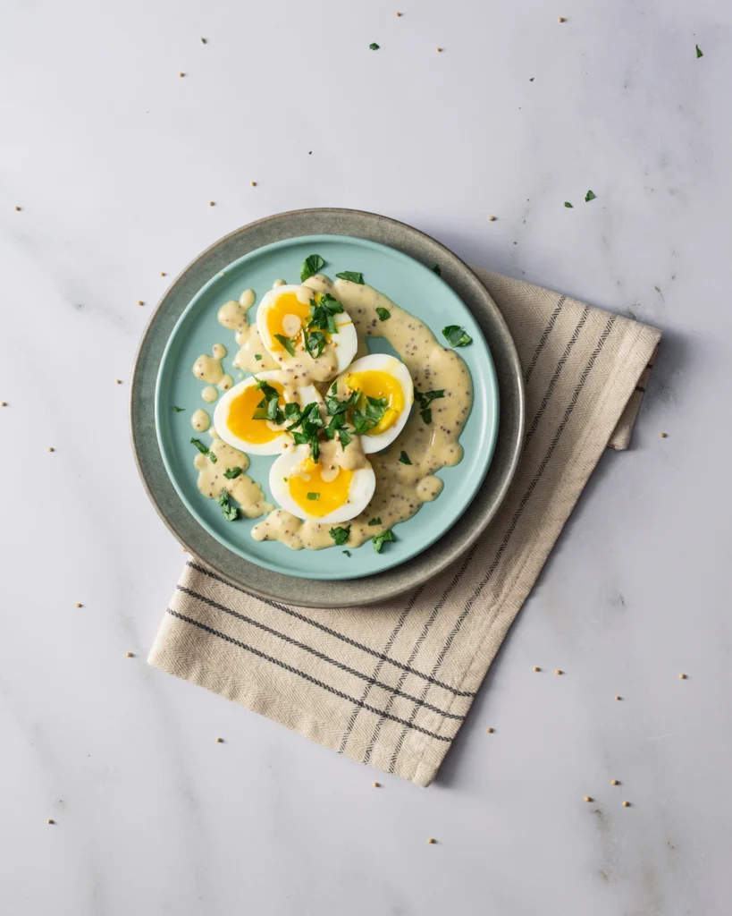 Sliced eggs with fresh herbs on a plate
