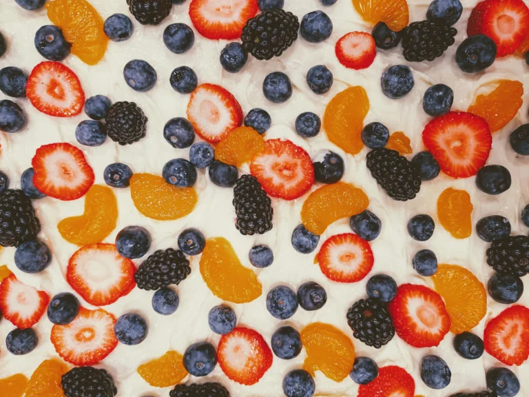 Frozen Greek yogurt bark topped with strawberries and blueberries