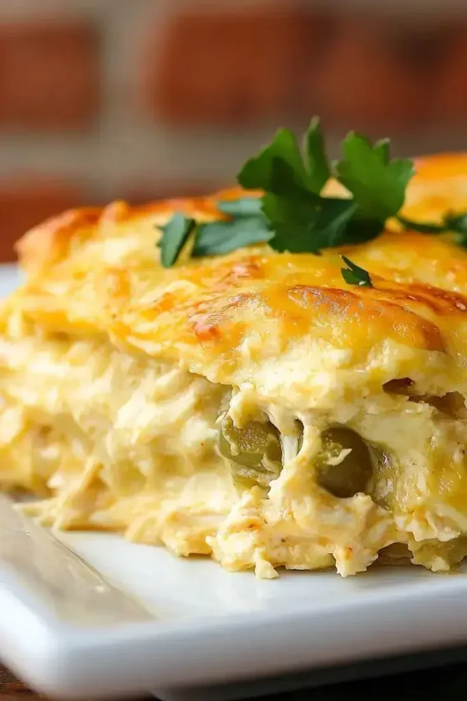 Slice of green chile chicken enchilada casserole showing layers of tortillas and chicken