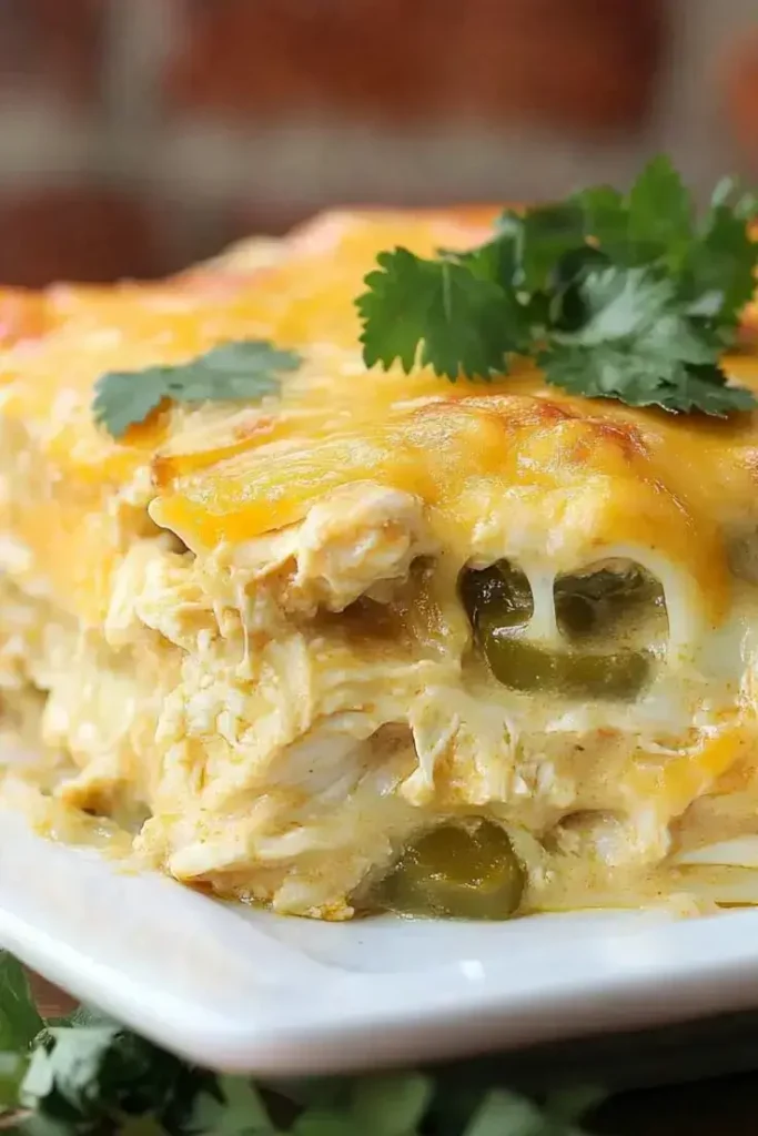 Green chile chicken enchilada casserole with melted Monterey Jack in a baking dish