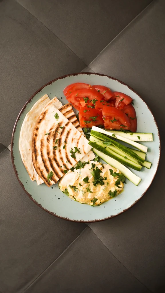 Gyro platter with pita, vegetables and dip
