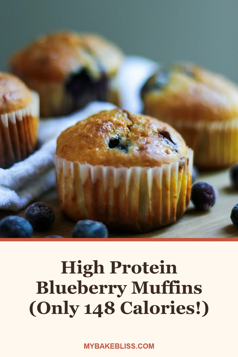 Soft, fluffy high protein blueberry muffins with Greek yogurt and tall bakery-style tops. 10g protein and 148 calories each. Easy healthy breakfast, freezer friendly meal prep snack.