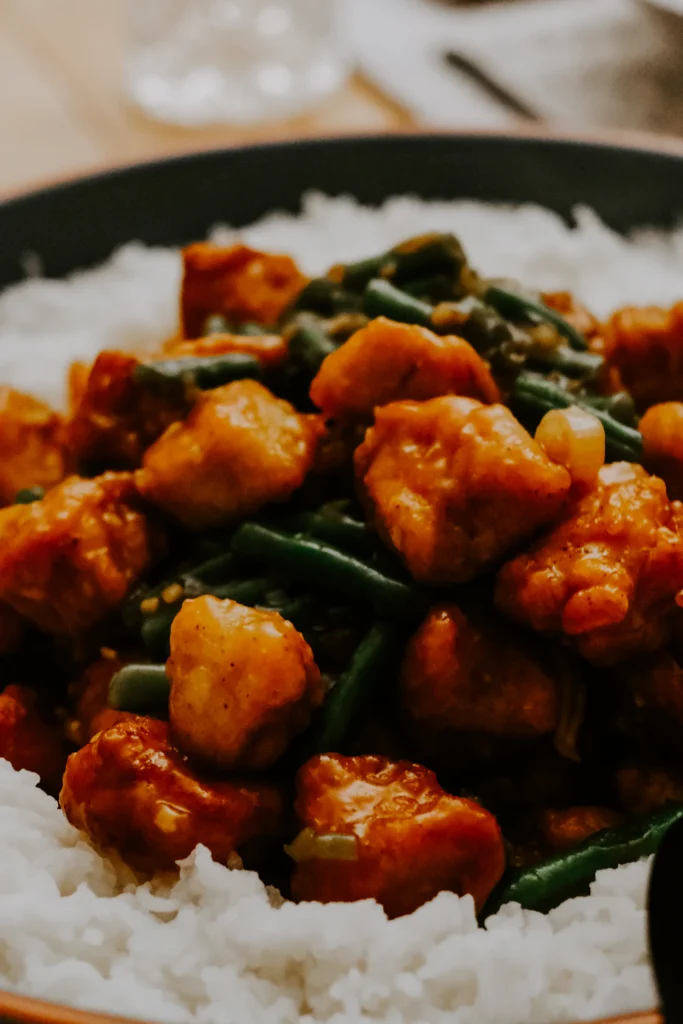 Honey garlic chicken stir fry over rice