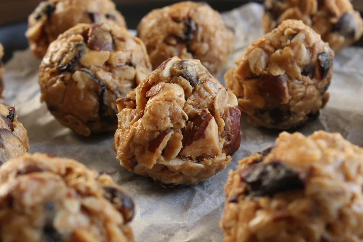 No-bake protein energy balls with oats and chocolate chips on a tray