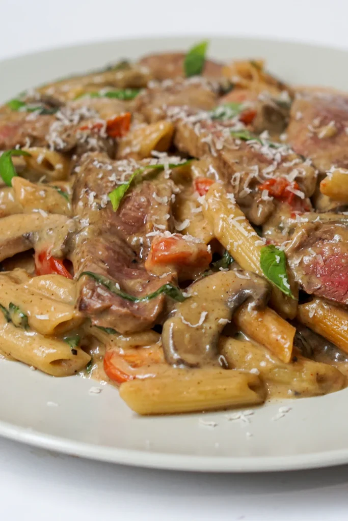 Creamy Philly cheesesteak pasta with beef