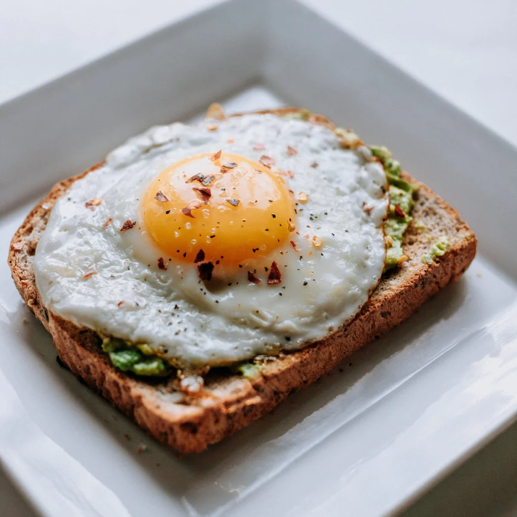 Toasted protein bread topped with avocado and a fried egg