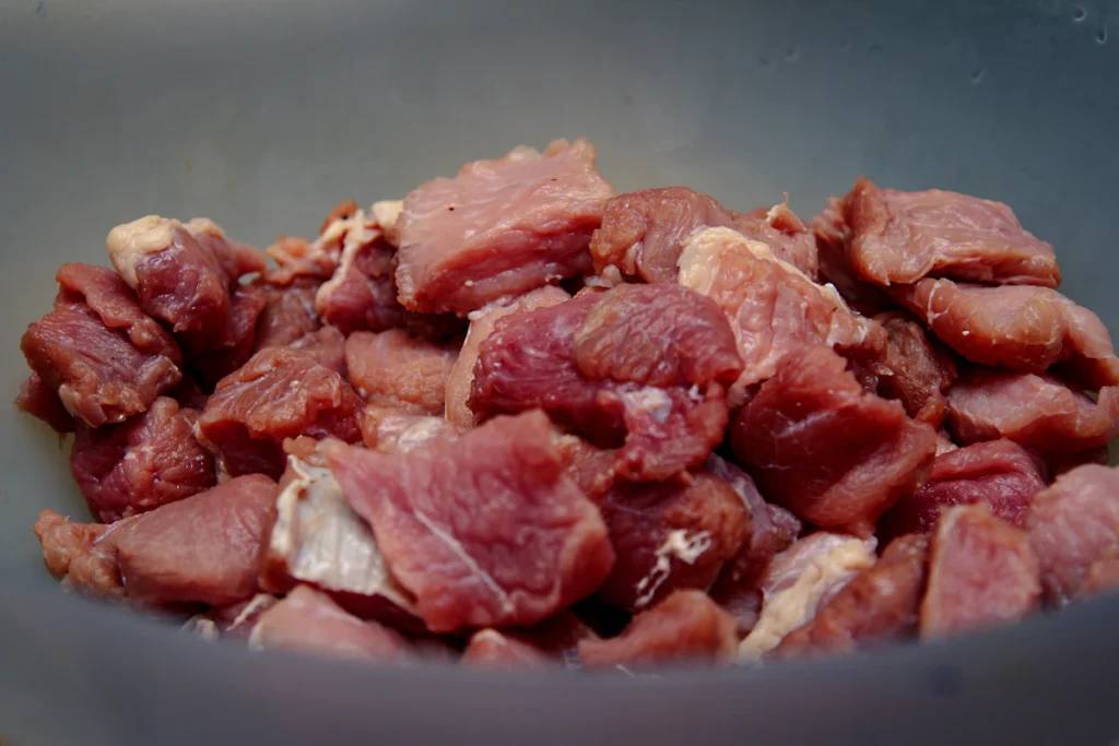 Raw beef cubes for steak bites
