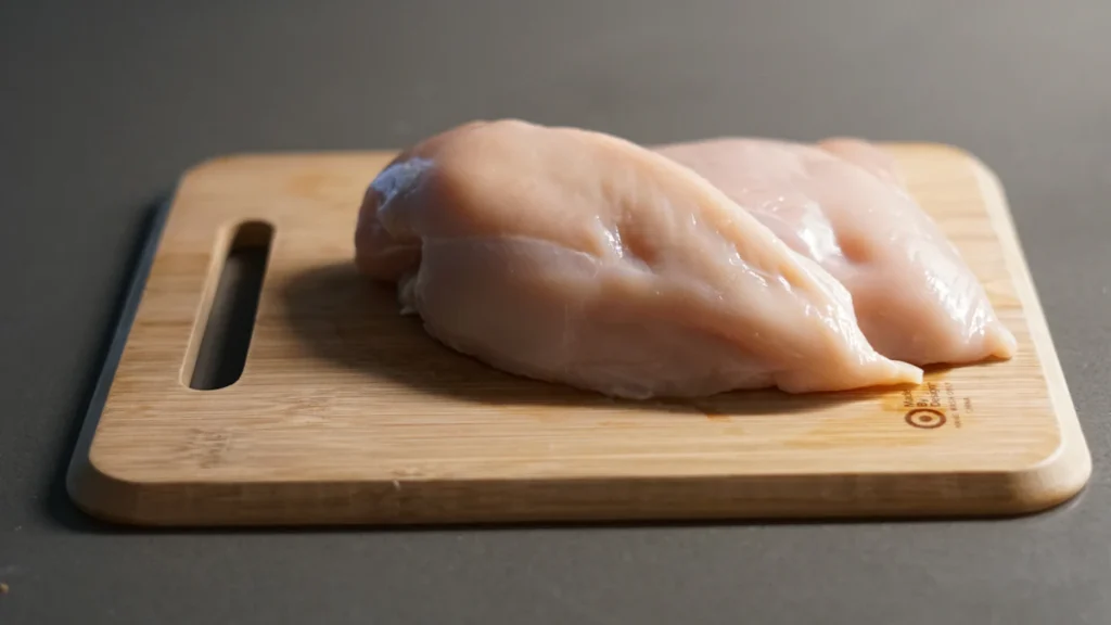 Raw boneless chicken breast on a wooden cutting board
