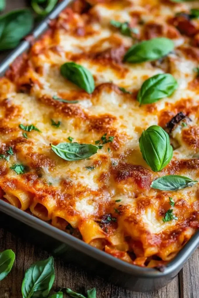 Cheesy vegetarian baked ziti fresh from the oven