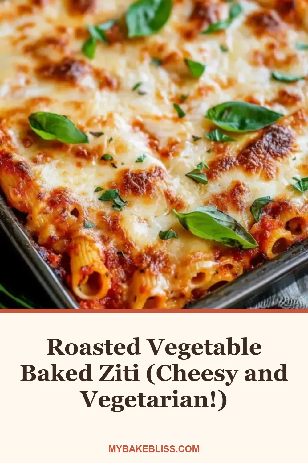 Cheesy roasted vegetable baked ziti loaded with caramelized cauliflower, peppers, and onion! Layered with marinara, cottage cheese, and mozzarella. Vegetarian, make-ahead, and freezer-friendly family dinner.