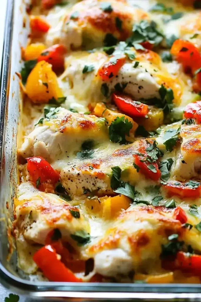 Baked salsa fresca chicken with bubbling cheese and fresh cilantro