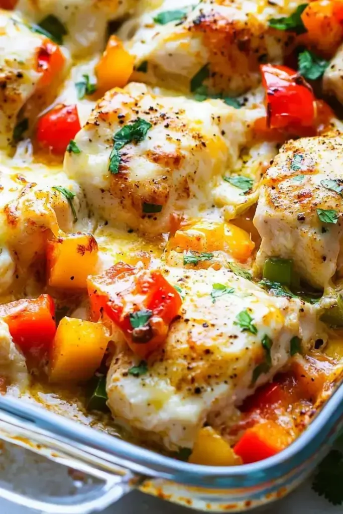 Serving of juicy salsa fresca chicken bake