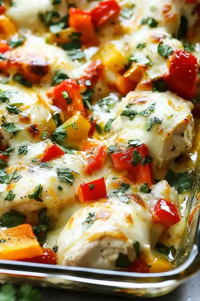 Salsa fresca chicken bake with melted cheese, tomatoes, and cilantro in a baking dish