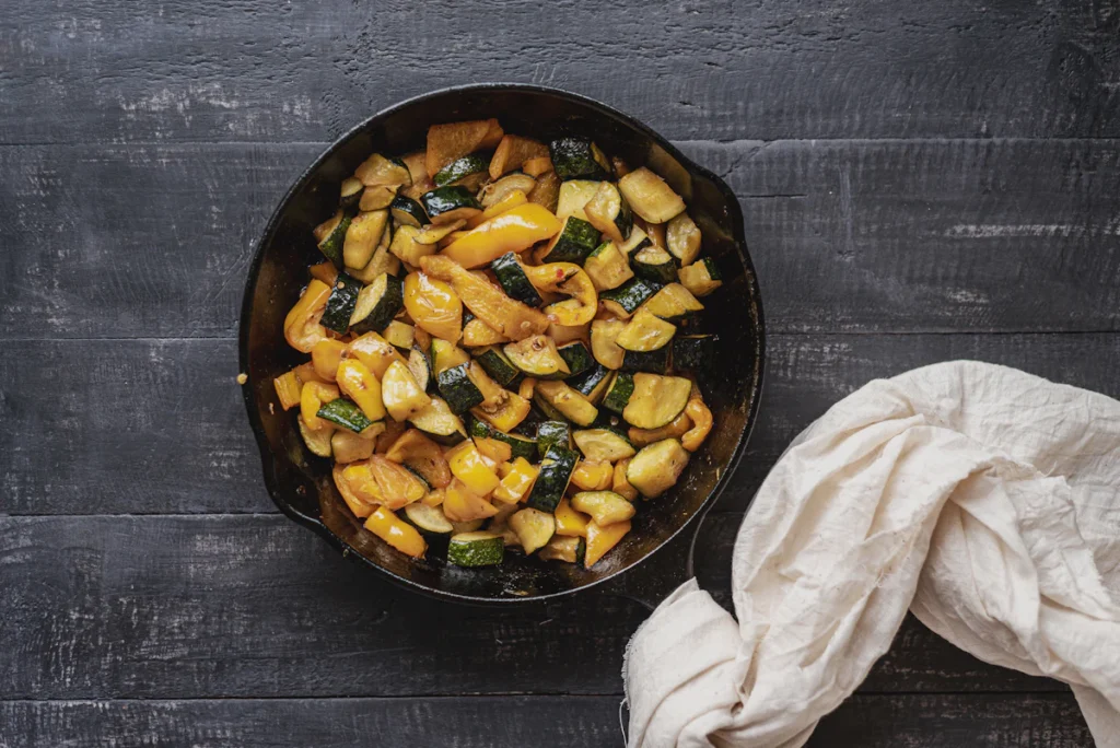 Sautéed zucchini in a cast iron skillet