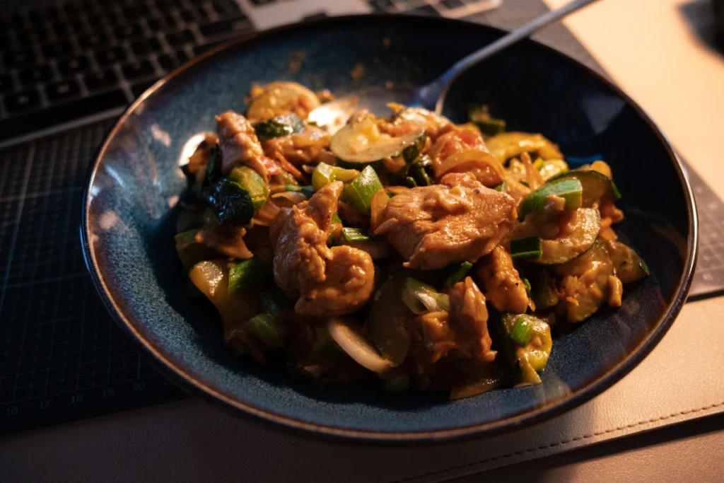 Golden seared chicken pieces for stir fry