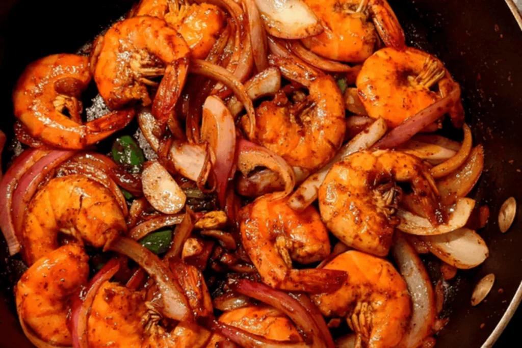 Shrimp searing in a hot pan
