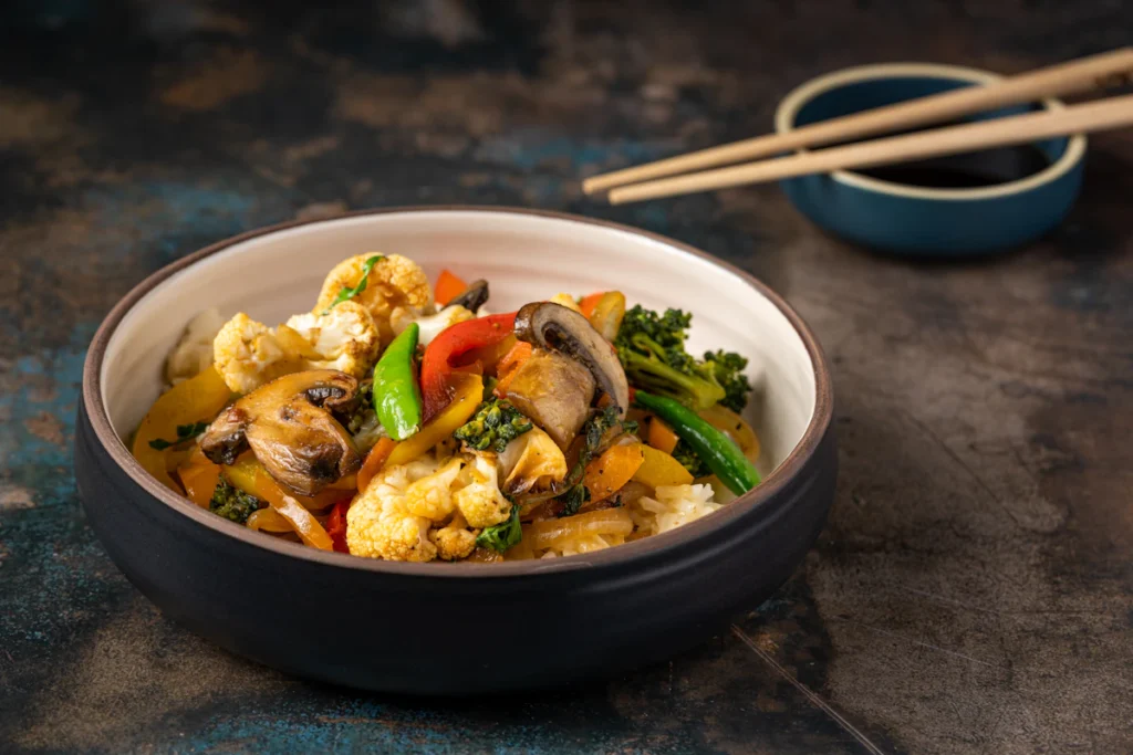 Shrimp stir fry served in a bowl