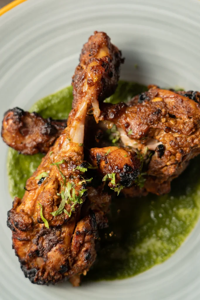 Smoky tandoori chicken with green chutney