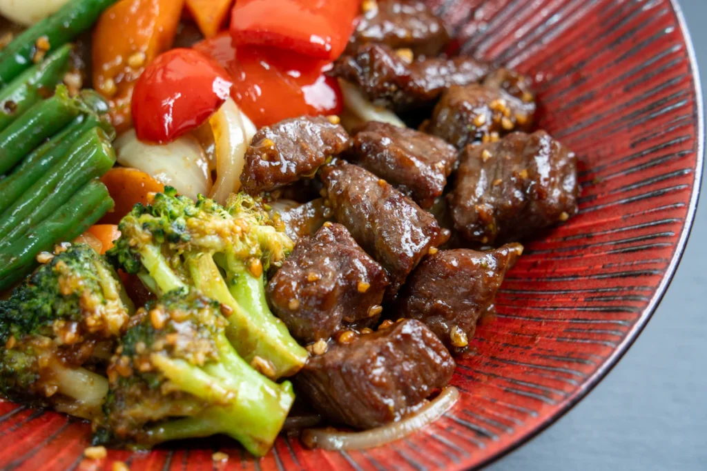 Steak bites served with vegetables
