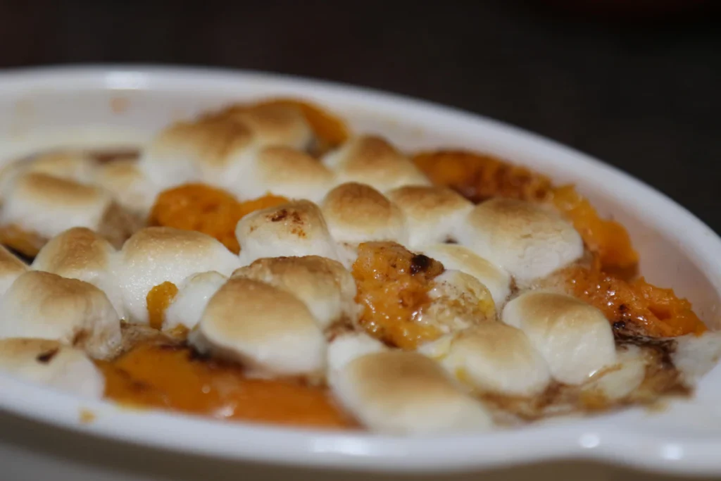 Sweet potato casserole variation with a toasted marshmallow topping