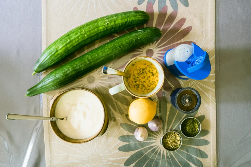 Cucumber, lemon and yogurt for homemade tzatziki