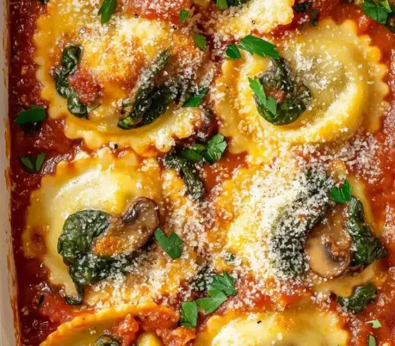 Baked-Ravioli-with-Spinach-and-Mushrooms
