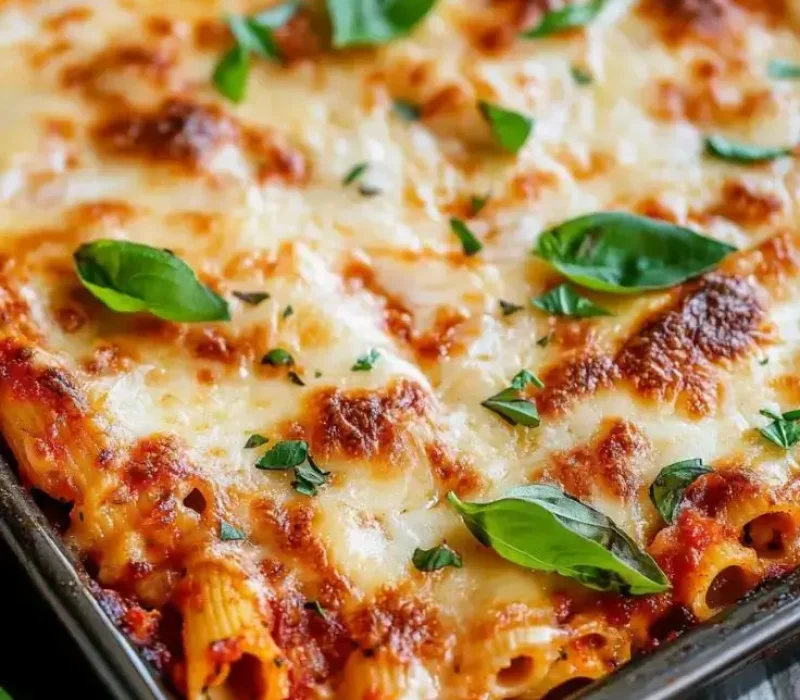 Slice of roasted vegetable baked ziti showing cauliflower and pasta layers