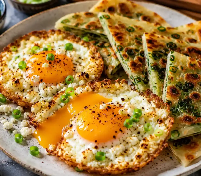 Yummy Fried Feta Eggs with Scallion Pancakes