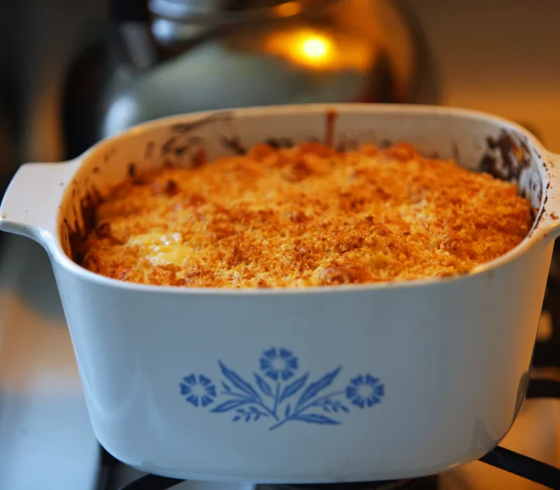 Cheesy baked chicken Parmesan pasta casserole in a baking dish
