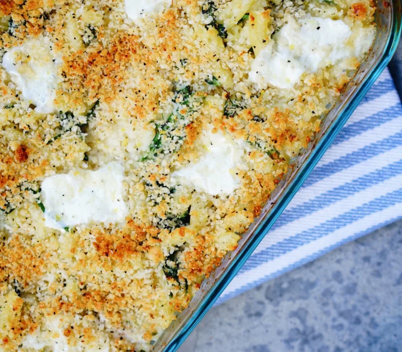 Creamy cottage cheese chicken bake with golden melted cheese in a baking dish