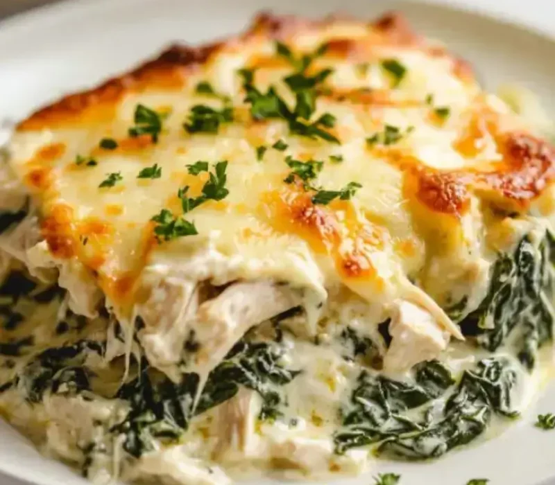 Creamy spinach chicken casserole with melted cheese in a baking dish