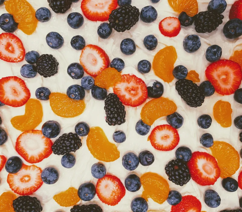 Frozen Greek yogurt bark topped with strawberries and blueberries