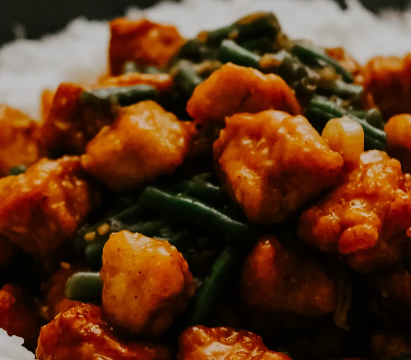 Honey garlic chicken stir fry over rice