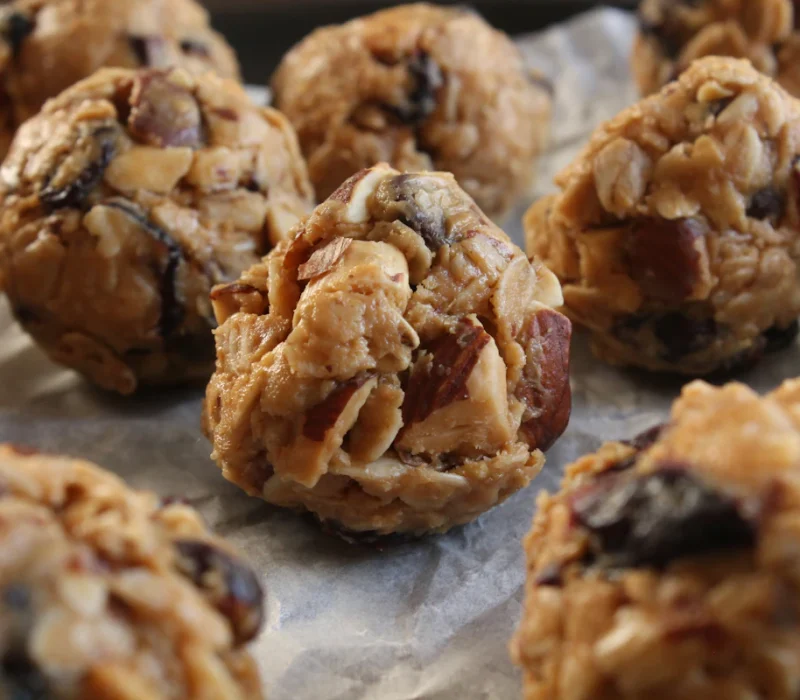 No-bake protein energy balls with oats and chocolate chips on a tray
