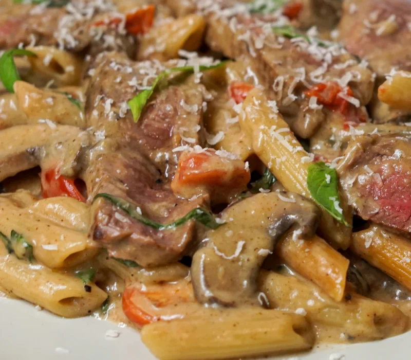 Creamy Philly cheesesteak pasta with beef