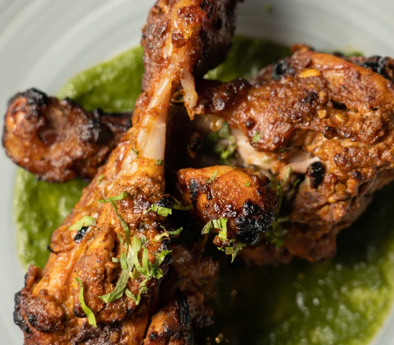 Smoky tandoori chicken with green chutney